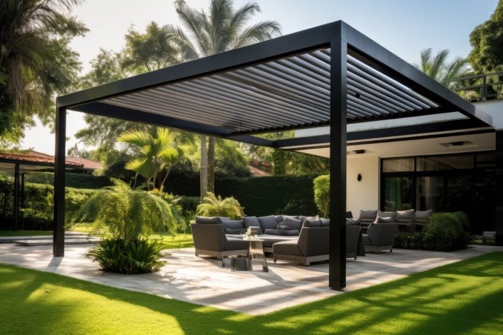 Pergola aluminiowa z dachem lamelowym nad tarasem z meblami wypoczynkowymi