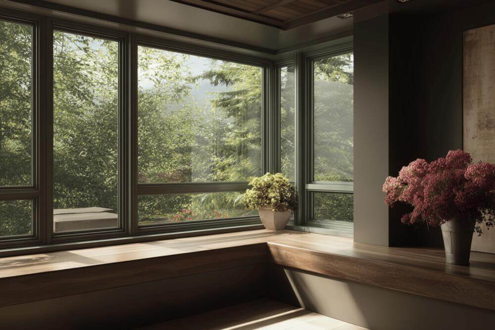 Przez duże okna widać zielony krajobraz pełen drzew.