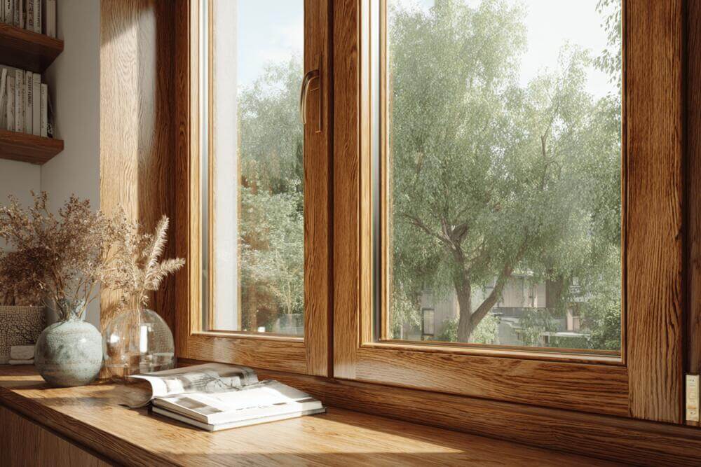 Przez okna drewniane widać zielone drzewa.
