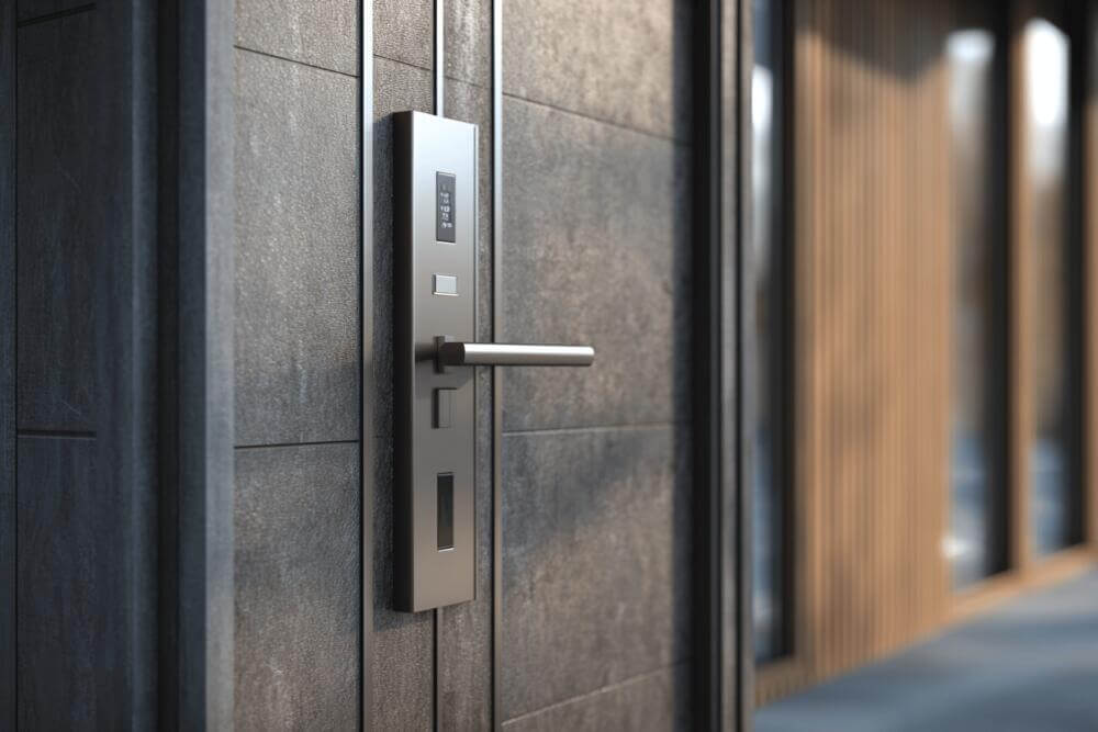 Nowoczesny zamek z klamką na drzwiach wejściowych.