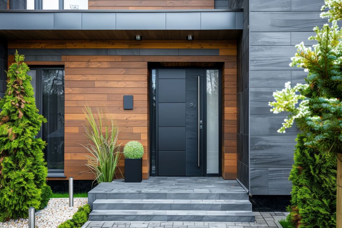 Granatowe drzwi wejściowe w Szydłowcu