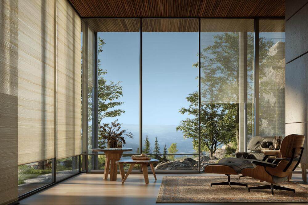 Rolety do dużych przeszkleń: kasetowe z prowadnicami lub screen, bez kolizji z klamką i HST/PSK; latem tkanina jasna, zimą szczelny montaż.